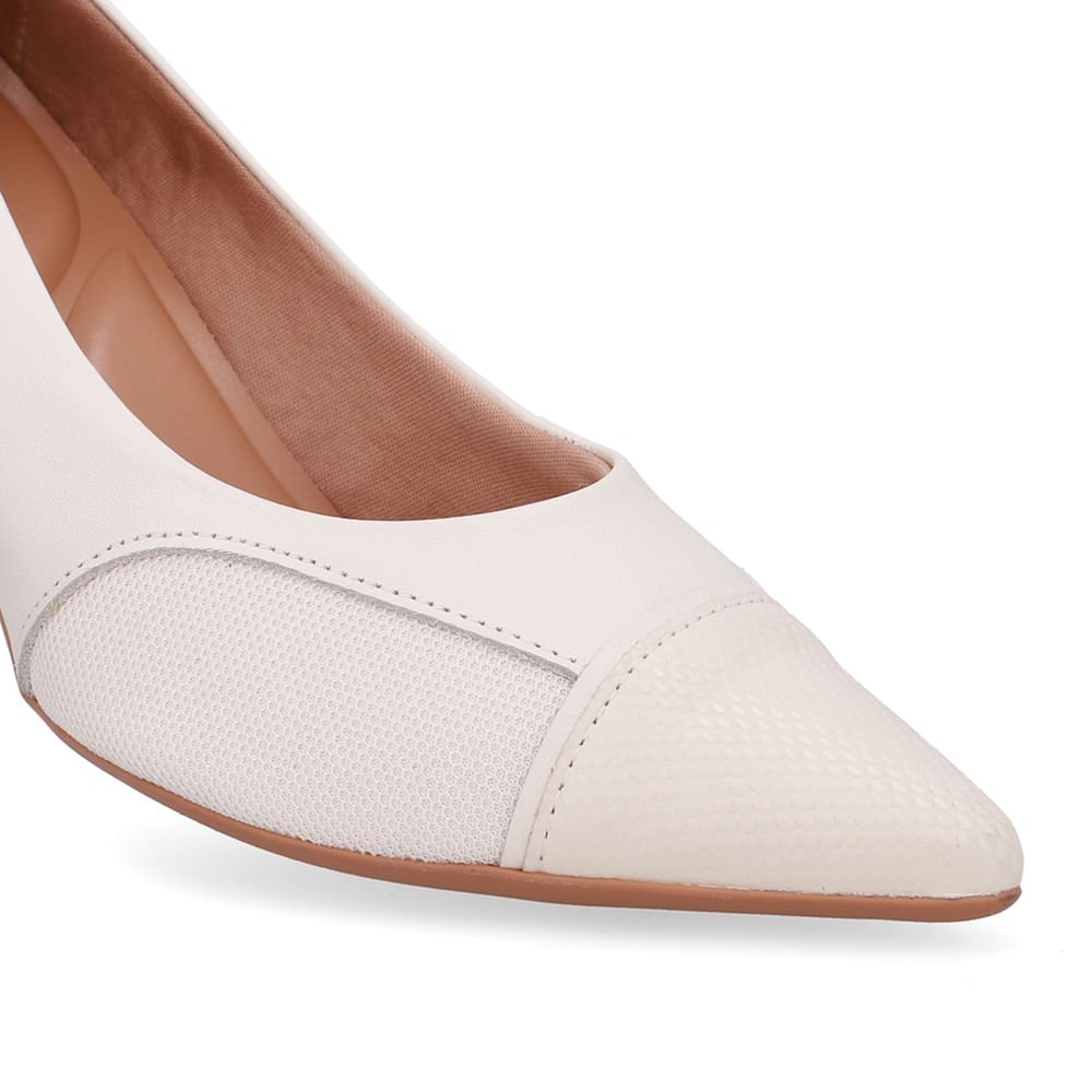 Scarpin Couro Branco Marfim Lateral Tecido Branco 4