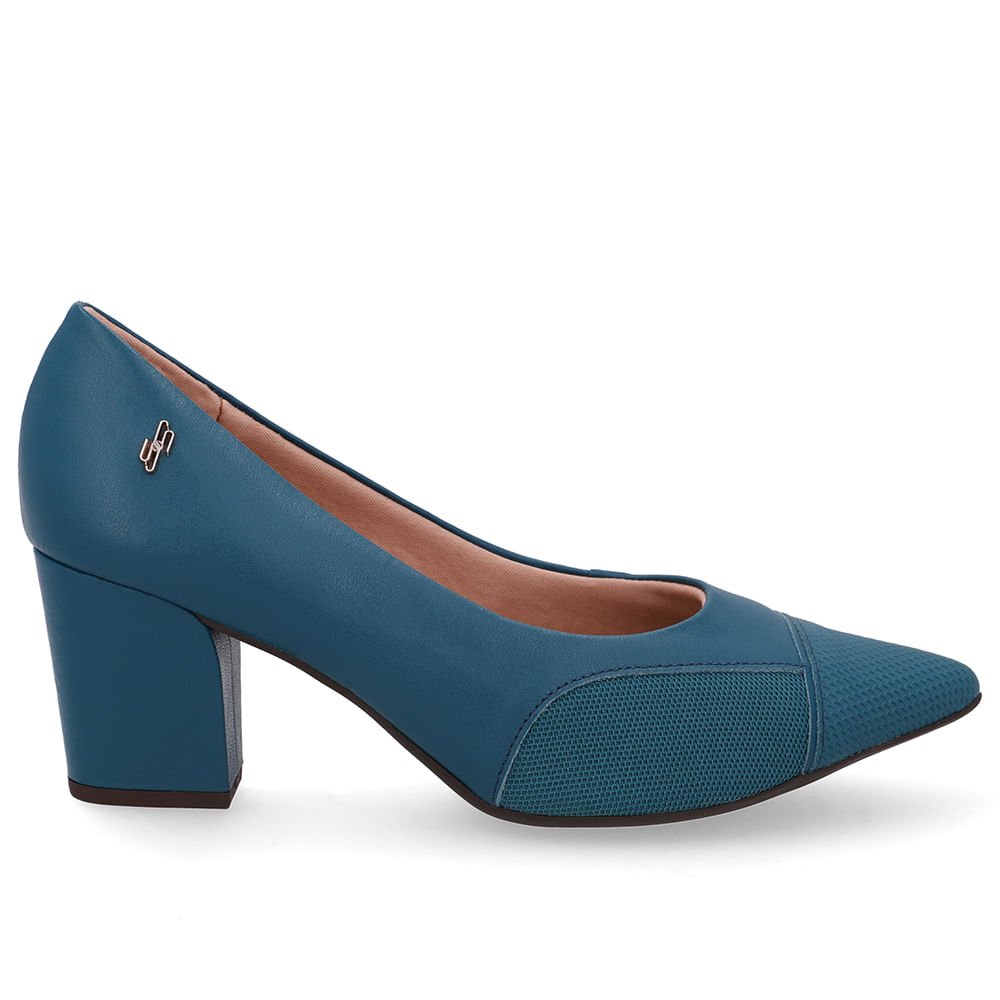 Scarpin Couro Azul Lateral Tecido