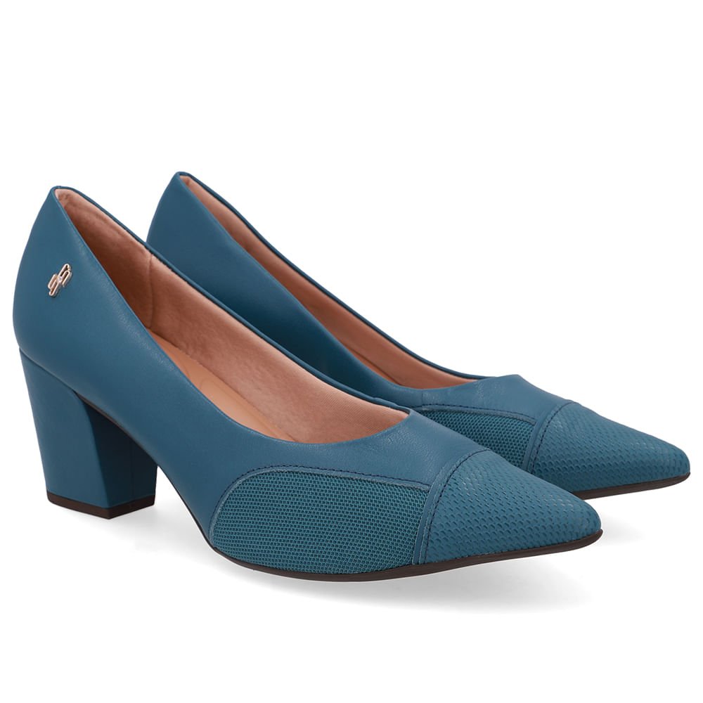 Scarpin Couro Azul Lateral Tecido Verde 2