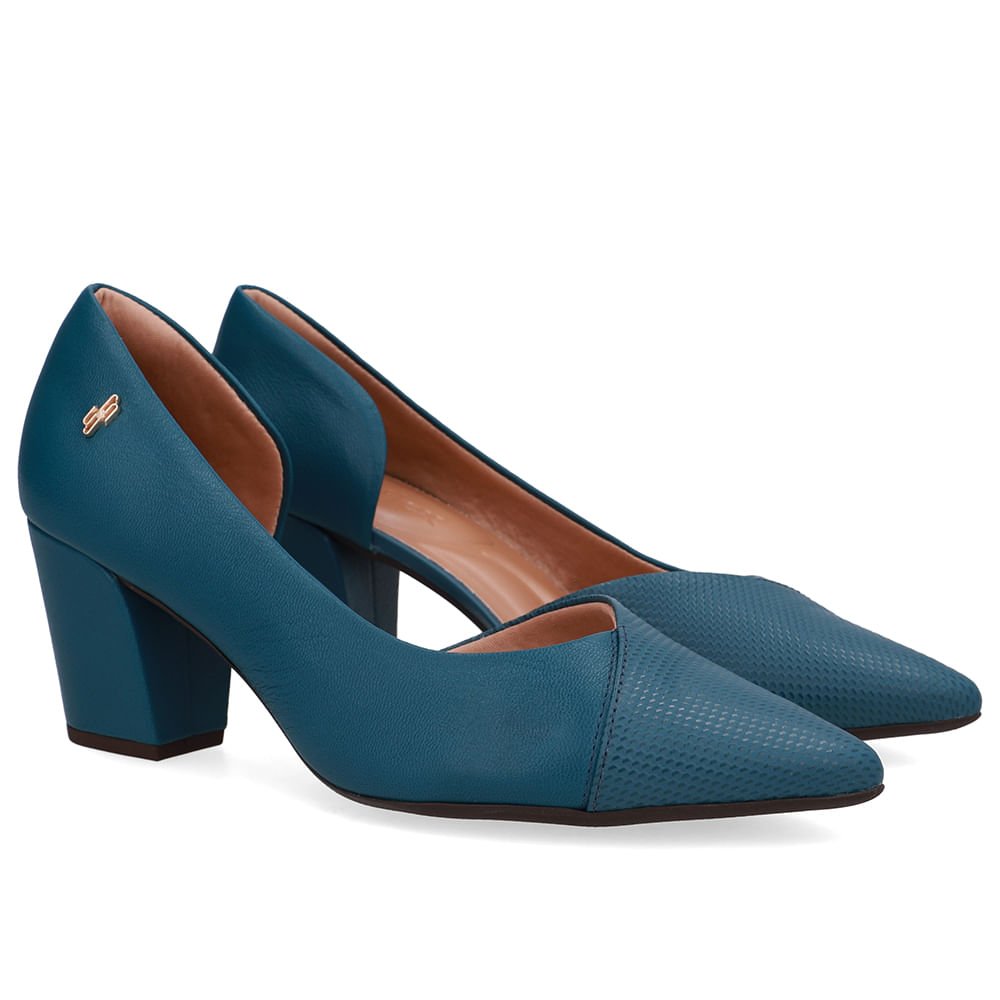 Scarpin Couro Azul Bico Fino Recorte Lateral Verde 2