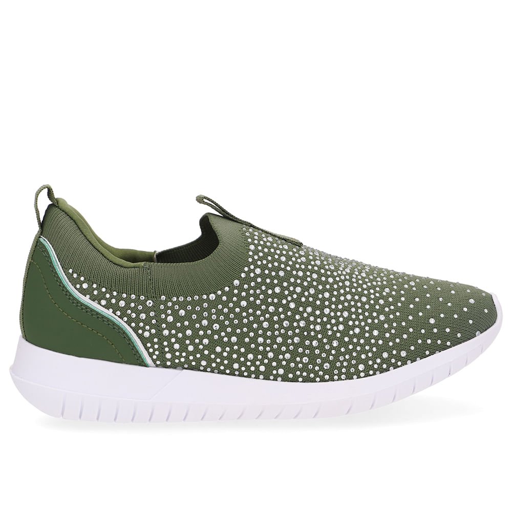 Tênis Slip On Tricot Verde Strass