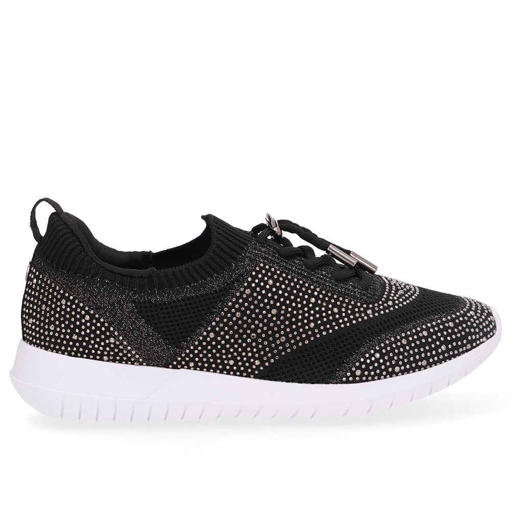Tênis Slip On Tricot Cadarço Preto Strass