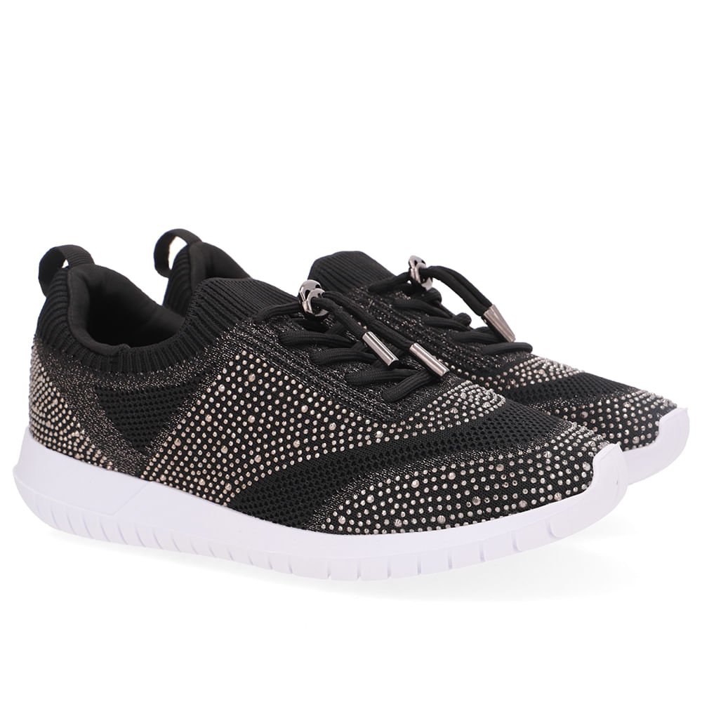 Tênis Slip On Tricot Cadarço Preto Strass Preto 2