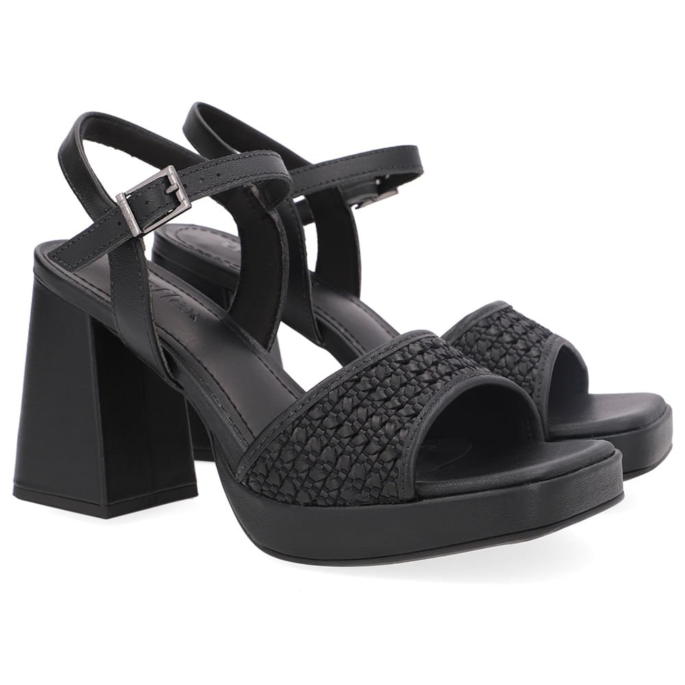 Sandália Salto Alto Couro Preta Tira Trançada Preto 2