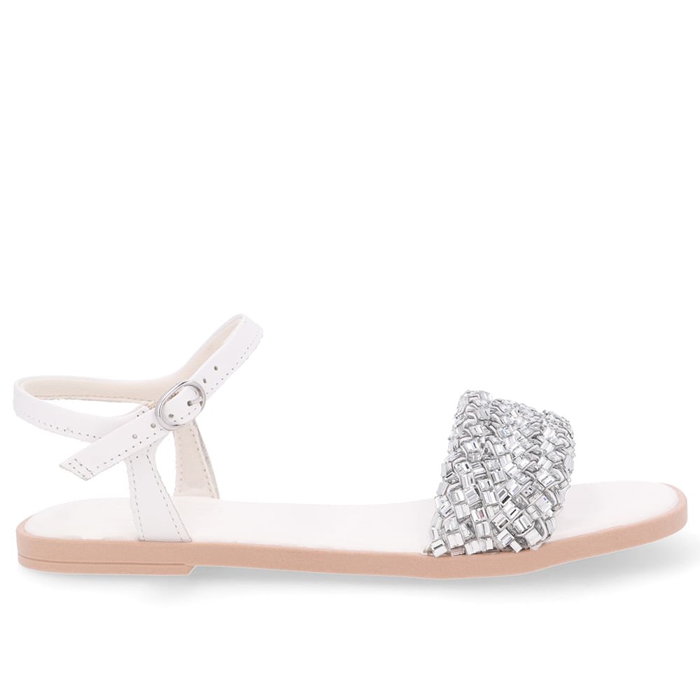 Sandália Rasteira Couro Branca Brilho