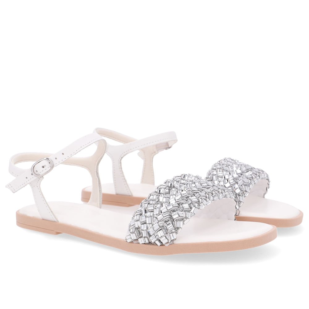 Sandália Rasteira Couro Branca Brilho Branco 2