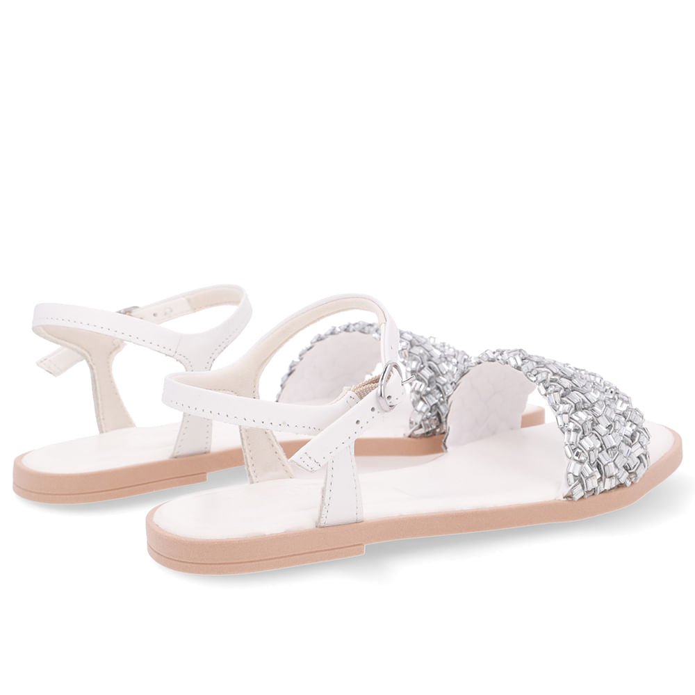 Sandália Rasteira Couro Branca Brilho Branco 3