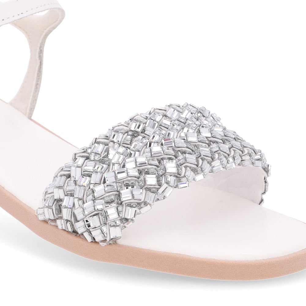 Sandália Rasteira Couro Branca Brilho Branco 4