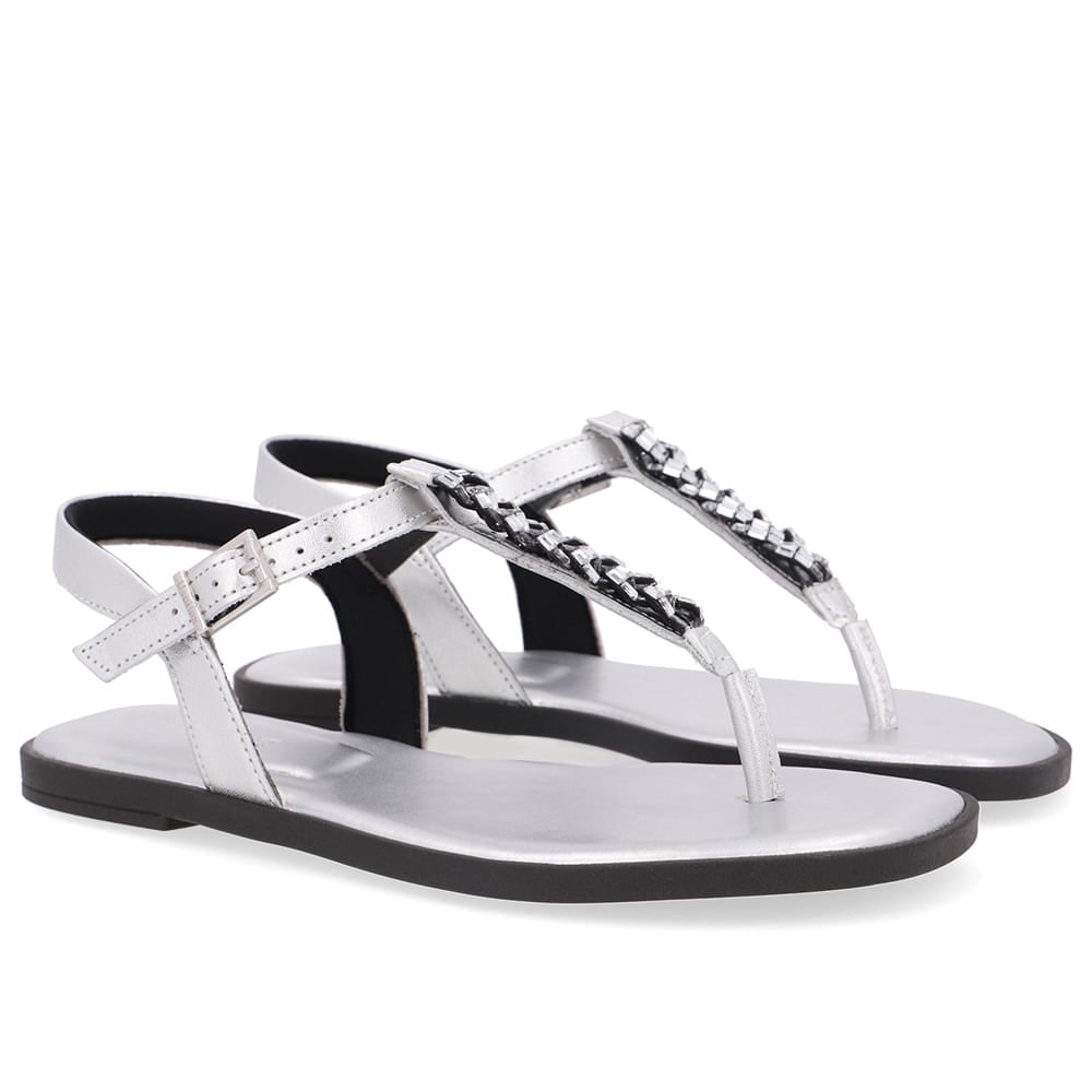 Sandália Rasteira Couro Prata Brilho Prata 2