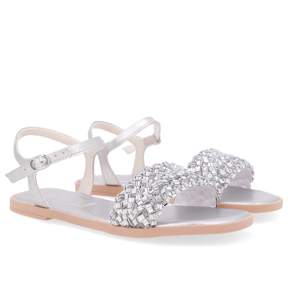 Sandália Rasteira Couro Prata Brilho Prata 2
