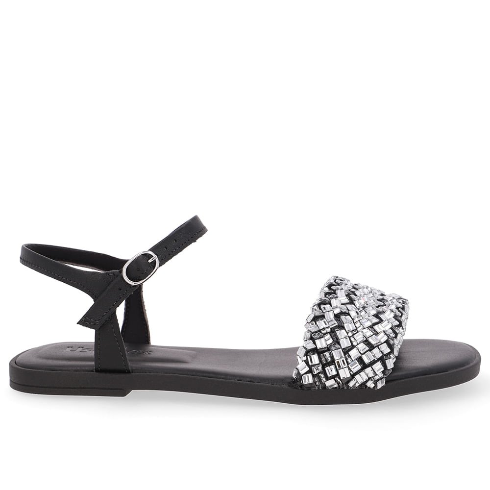 Sandália Rasteira Couro Preta Brilho