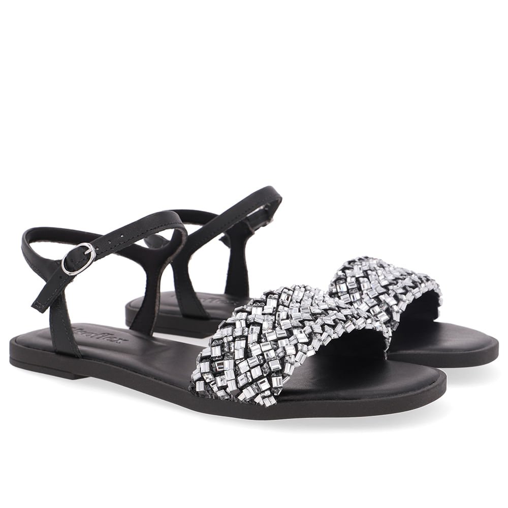 Sandália Rasteira Couro Preta Brilho Preto 2