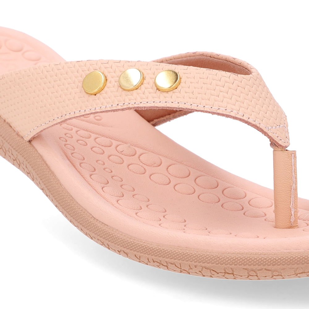 Chinelo Rasteiro Couro Laranja Claro Bege 4