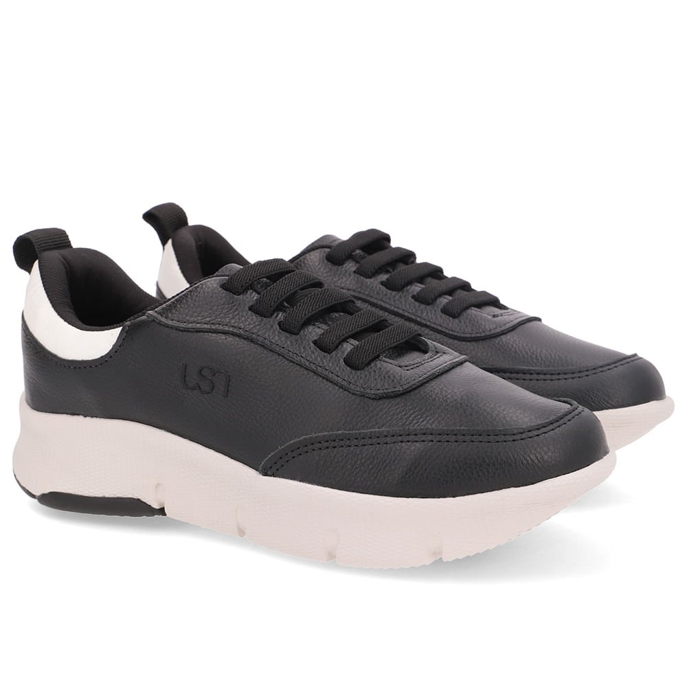 Tênis Couro Preto Detalhe Branco Preto 2
