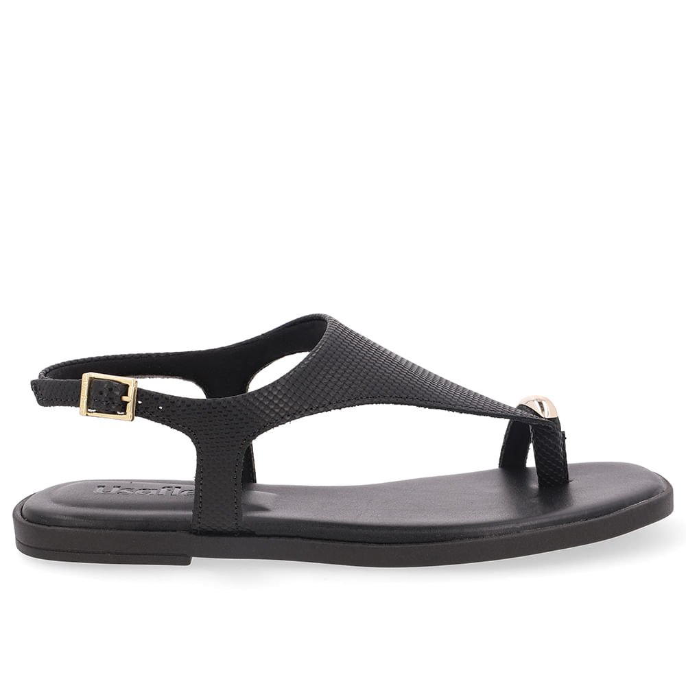 Sandália Rasteira Couro Preta Textura