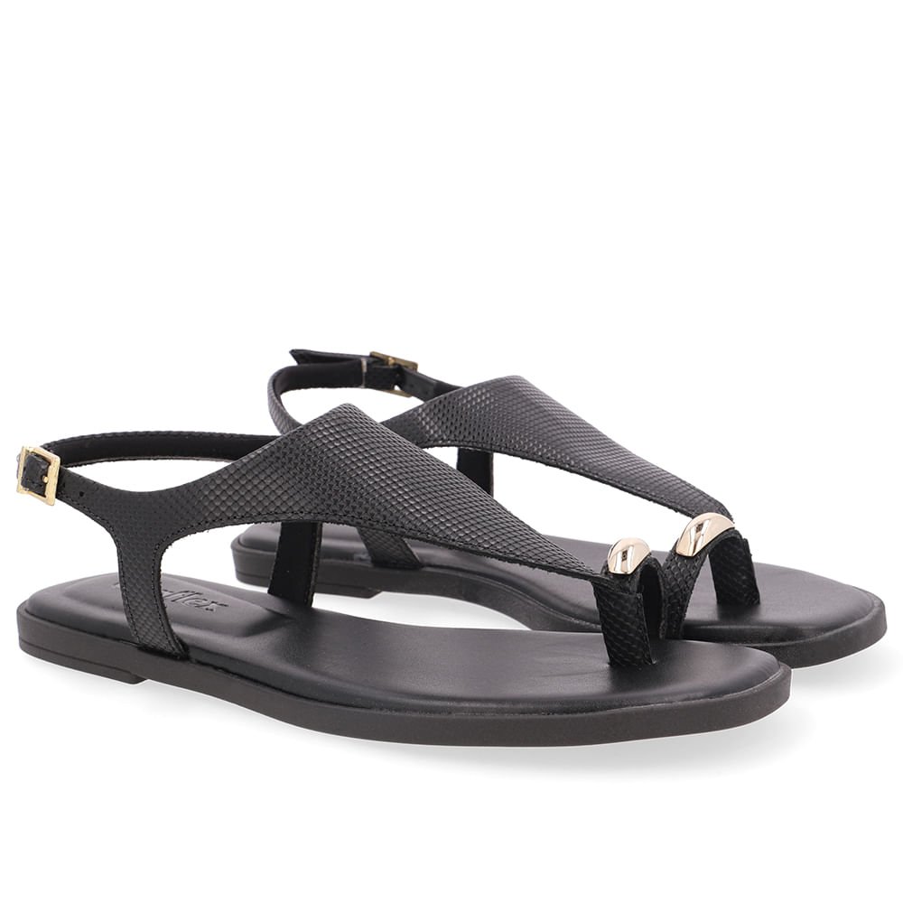 Sandália Rasteira Couro Preta Textura Preto 2