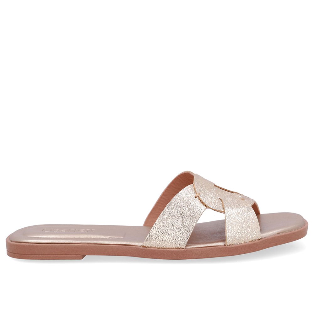 Rasteira Couro Dourada Tira Vazada