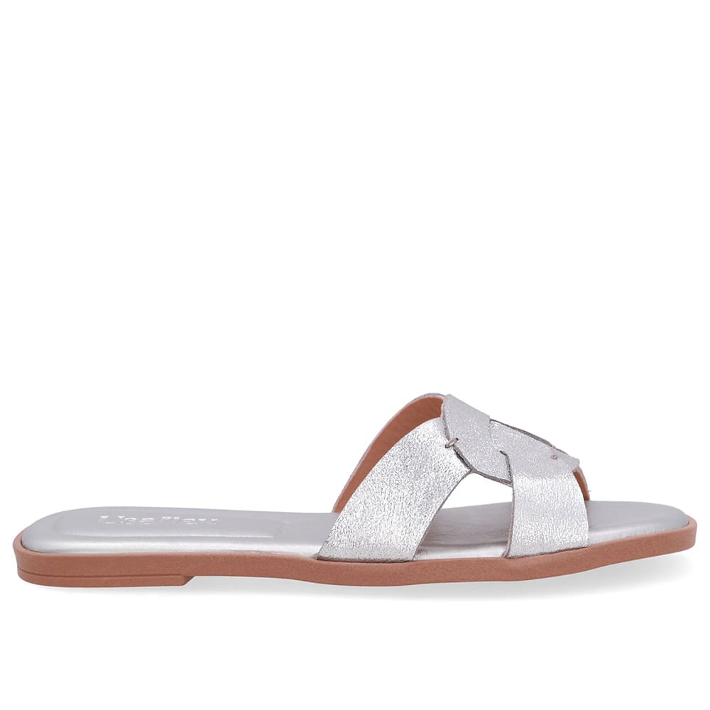 Rasteira Couro Prata Tira Vazada