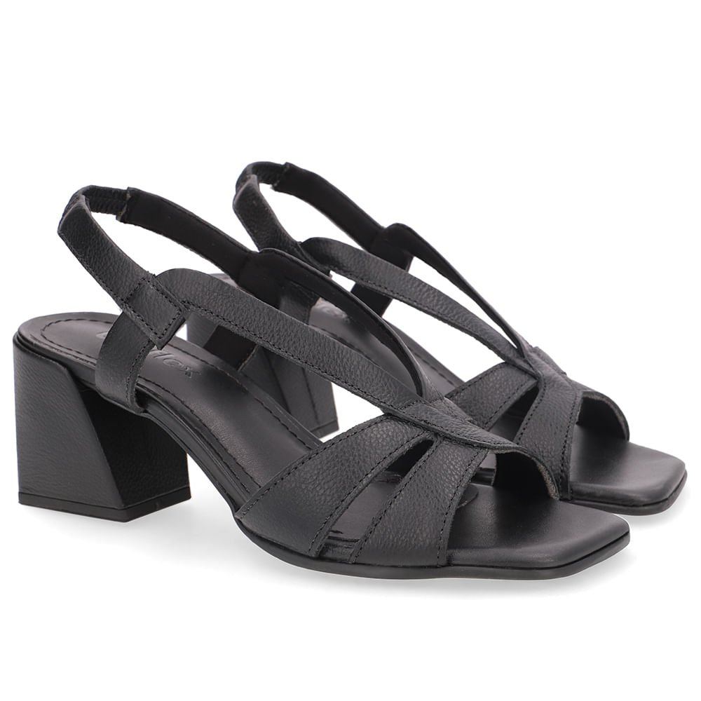 Sandália Salto Bloco Couro Preta Tiras Preto 2