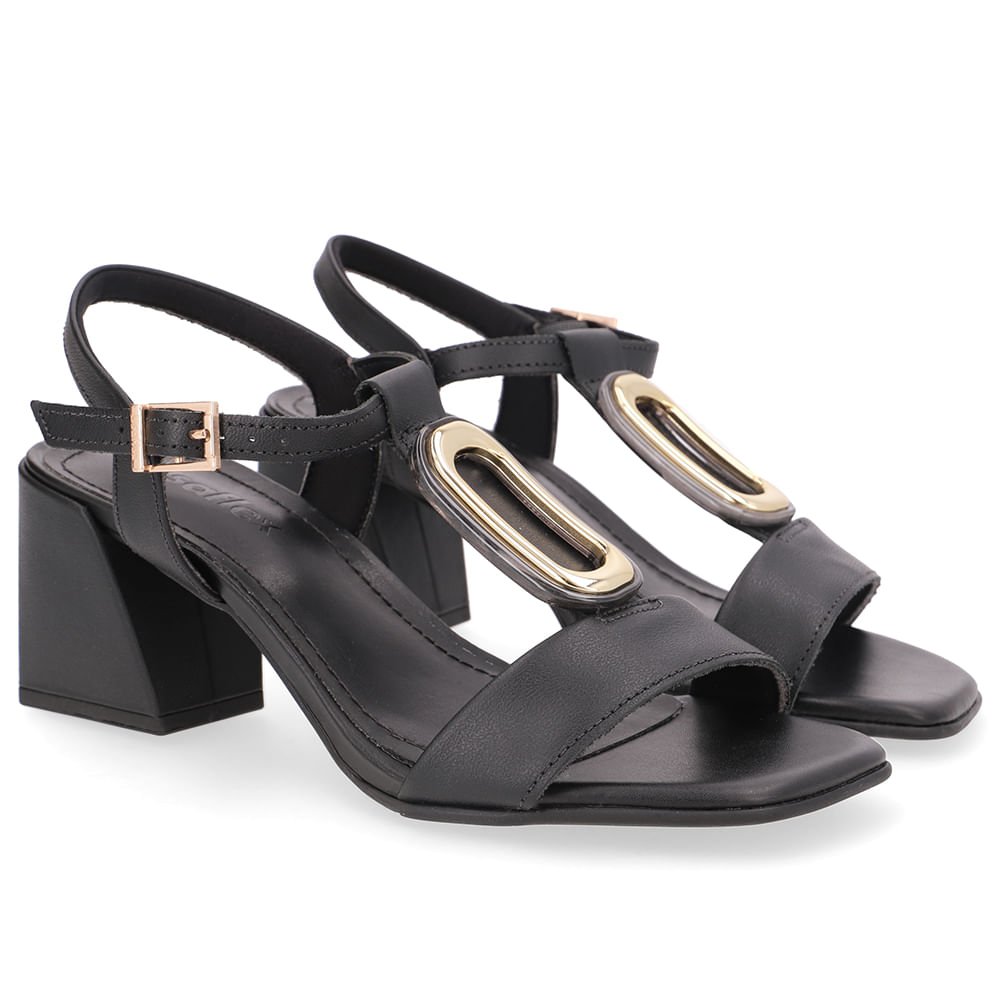 Sandália Bico Quadrado Couro Preta Preto 2