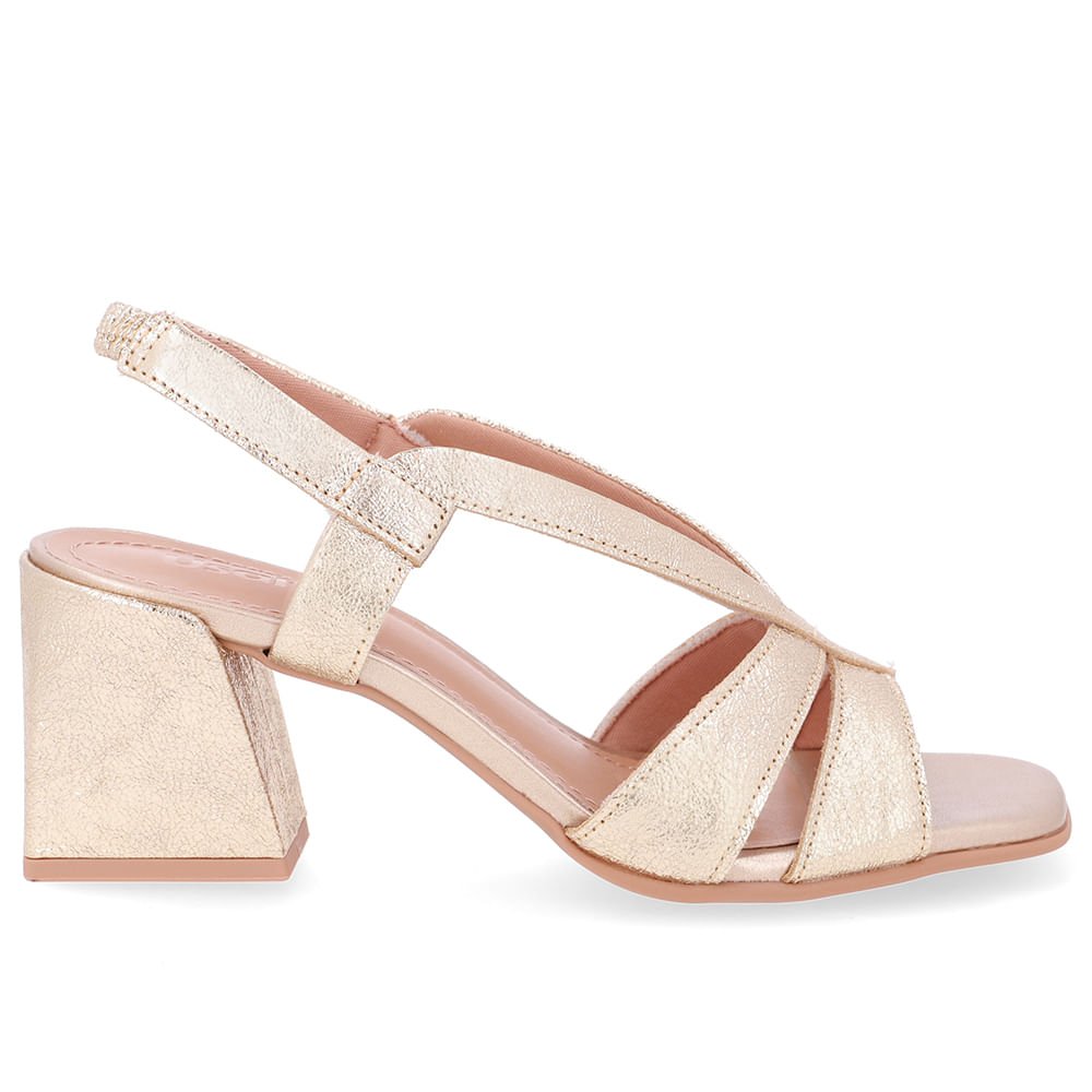 Sandália Salto Bloco Couro Dourada Tiras