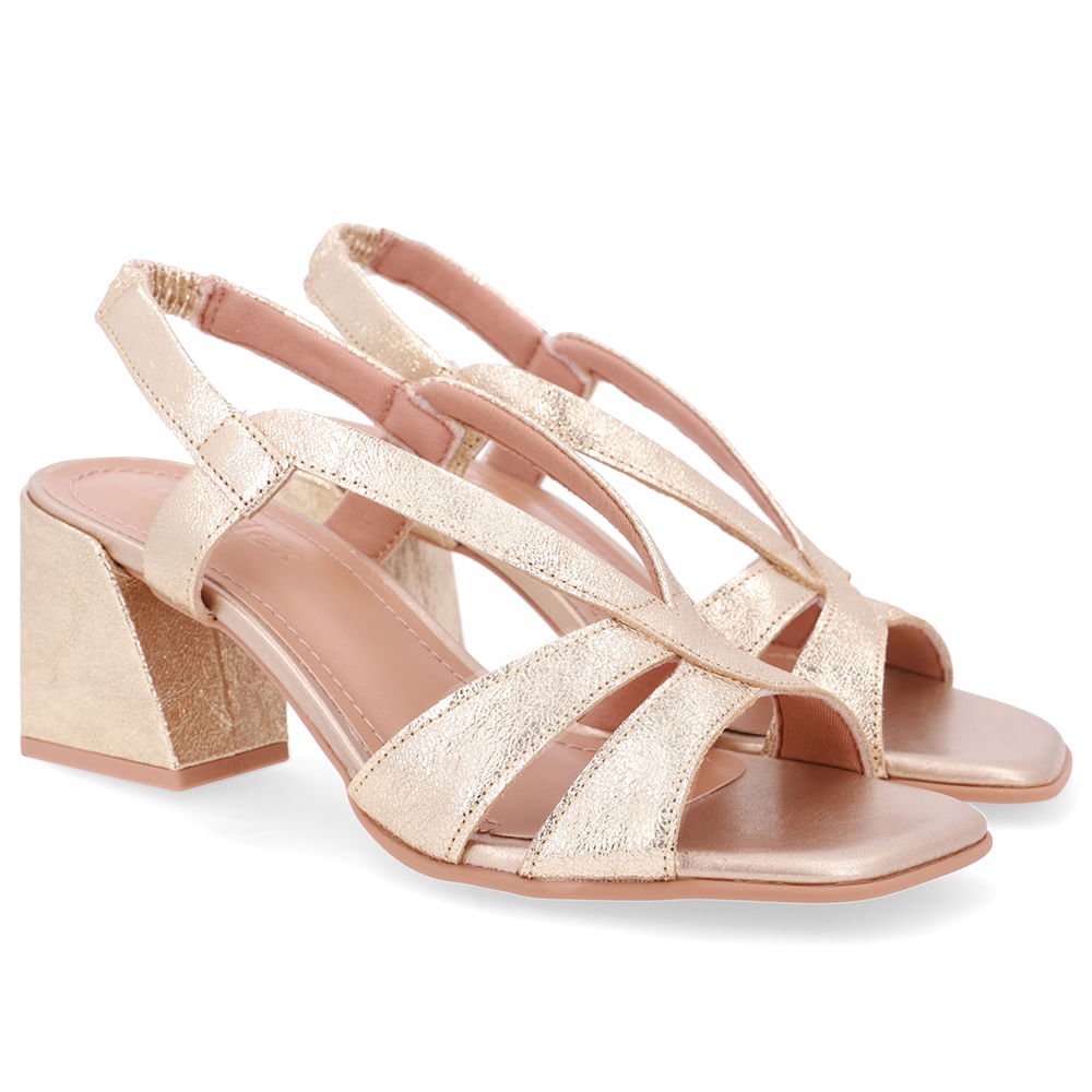 Sandália Salto Bloco Couro Dourada Tiras Dourado 2