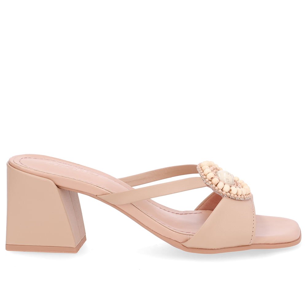 Tamanco Salto Bloco Couro Bege Tira Vazada