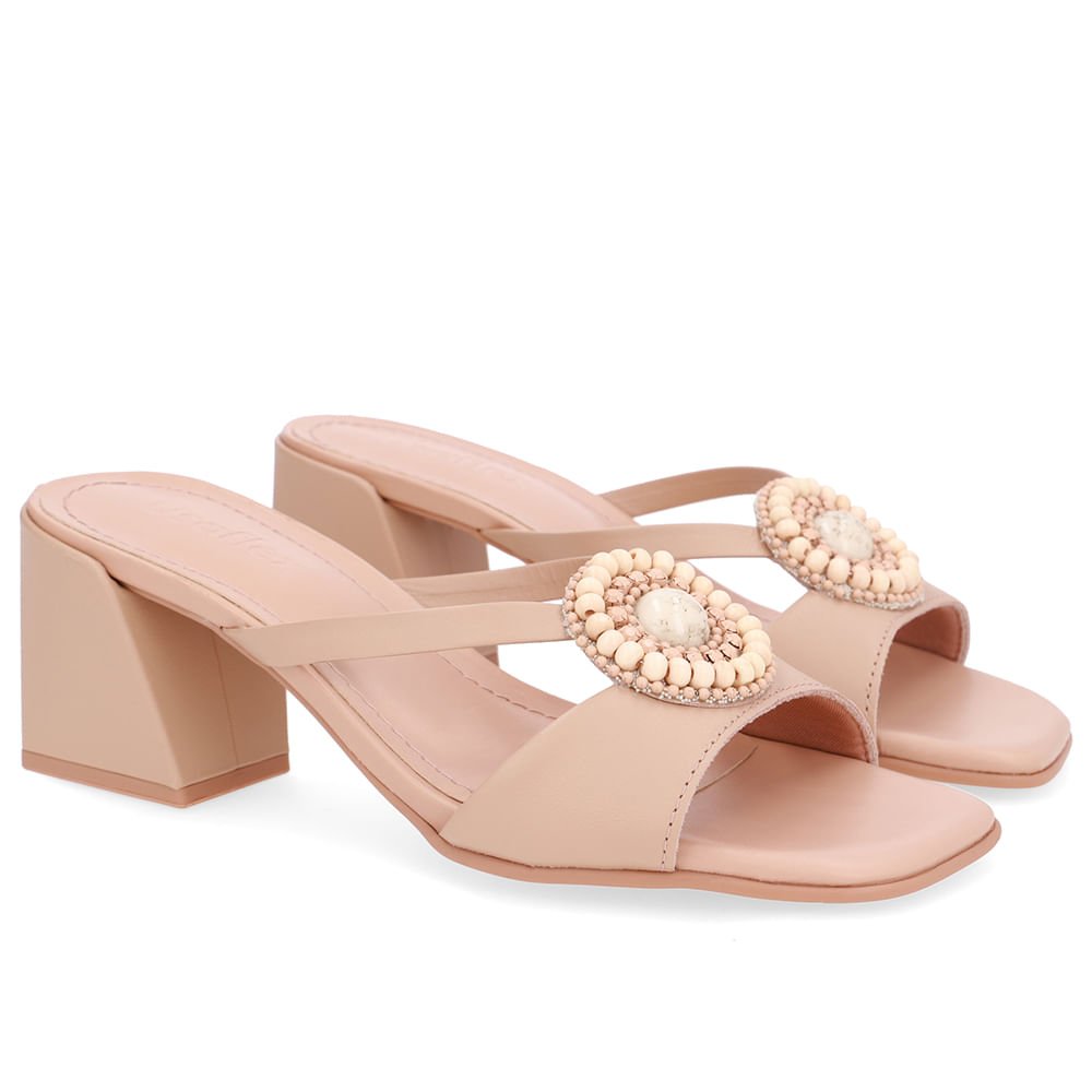 Tamanco Salto Bloco Couro Bege Tira Vazada Bege 2