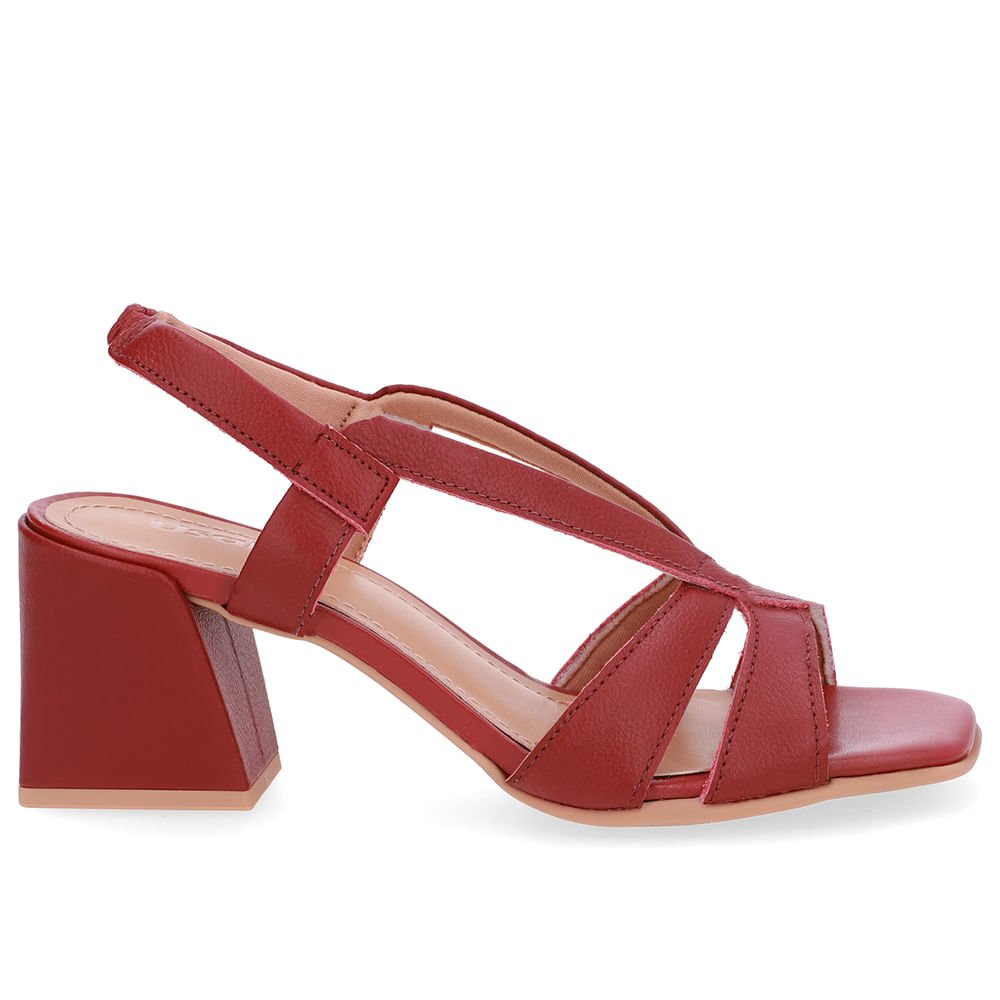 Sandália Salto Bloco Couro Vermelha Tiras