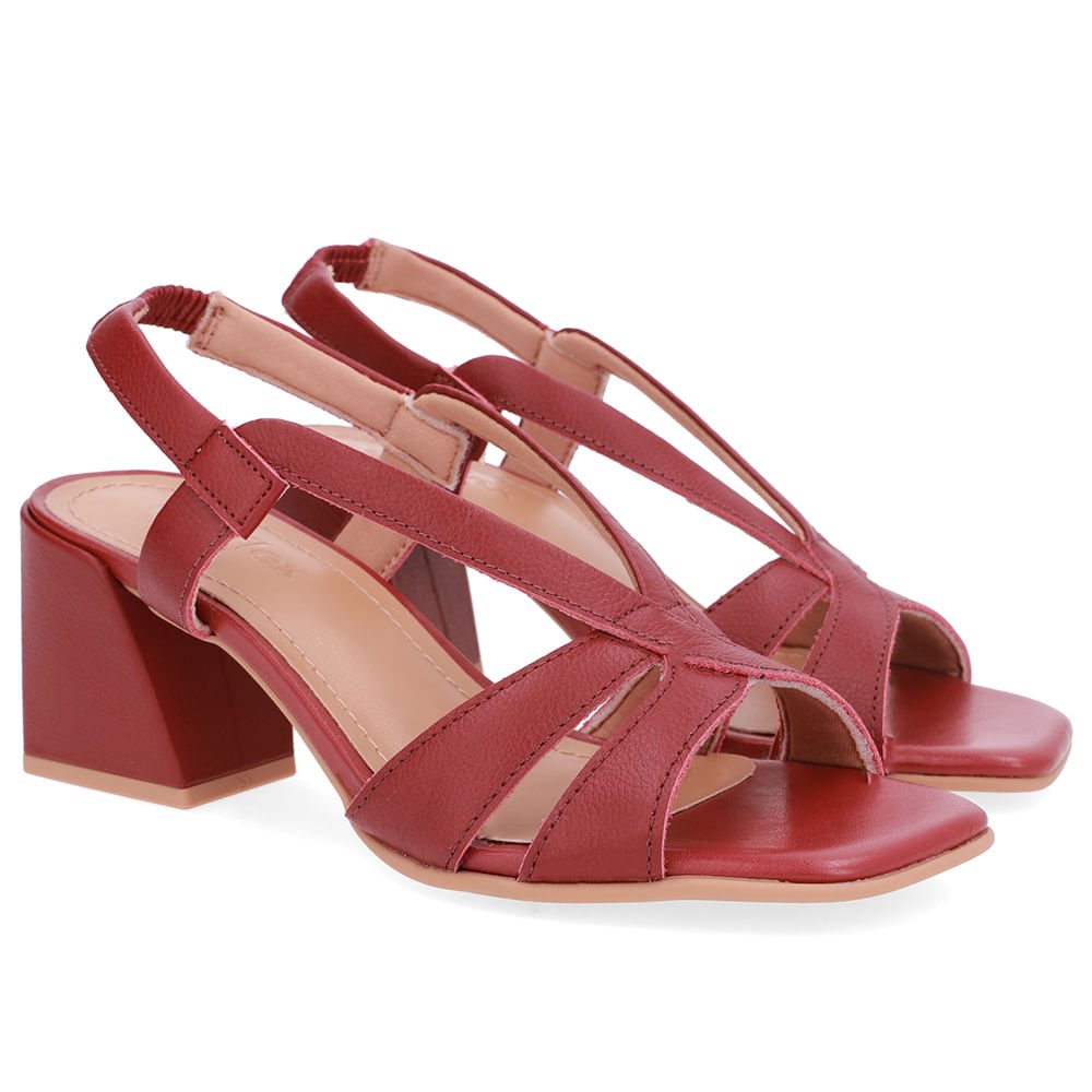 Sandália Salto Bloco Couro Vermelha Tiras Vermelho 2