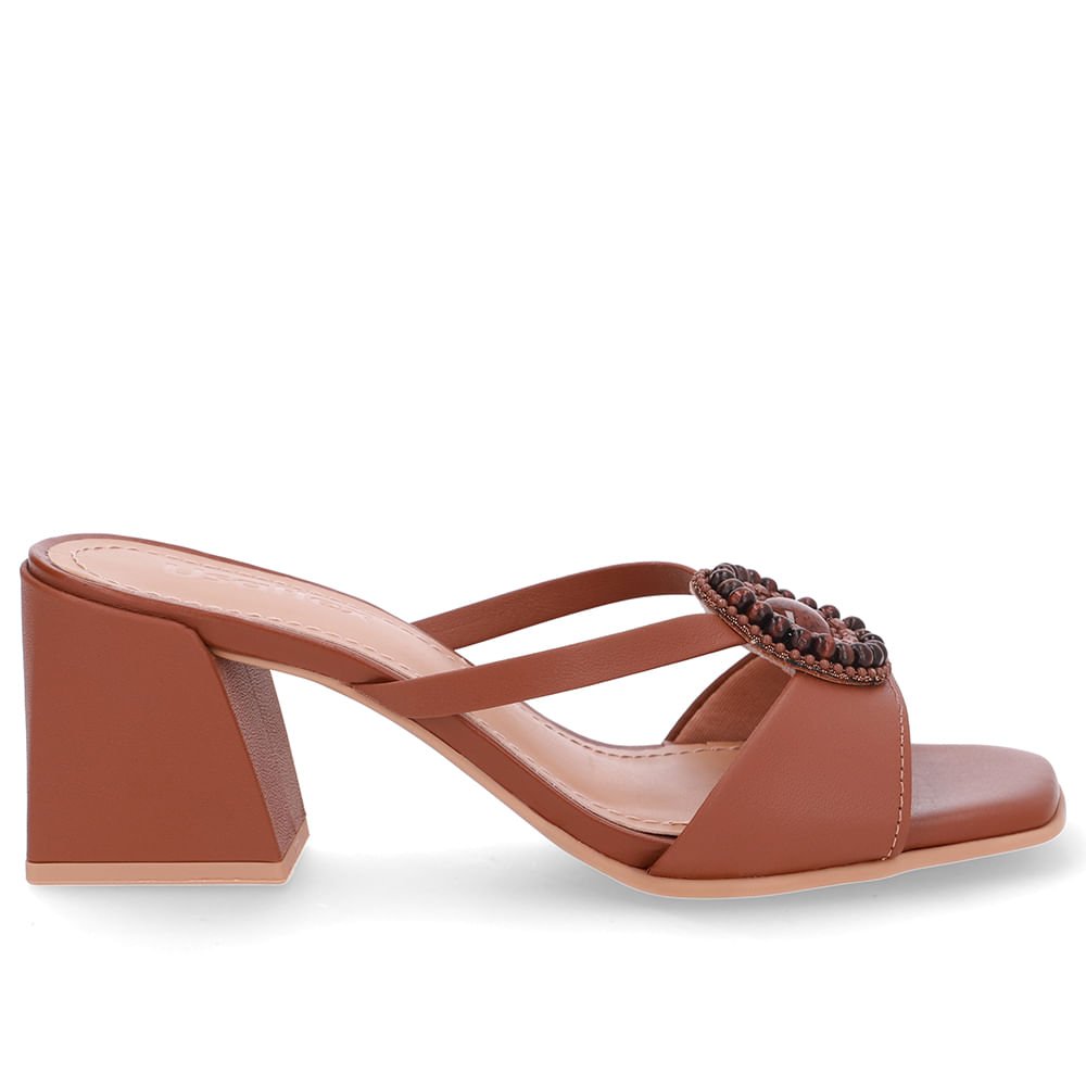 Tamanco Salto Bloco Couro Marrom Tira Vazada