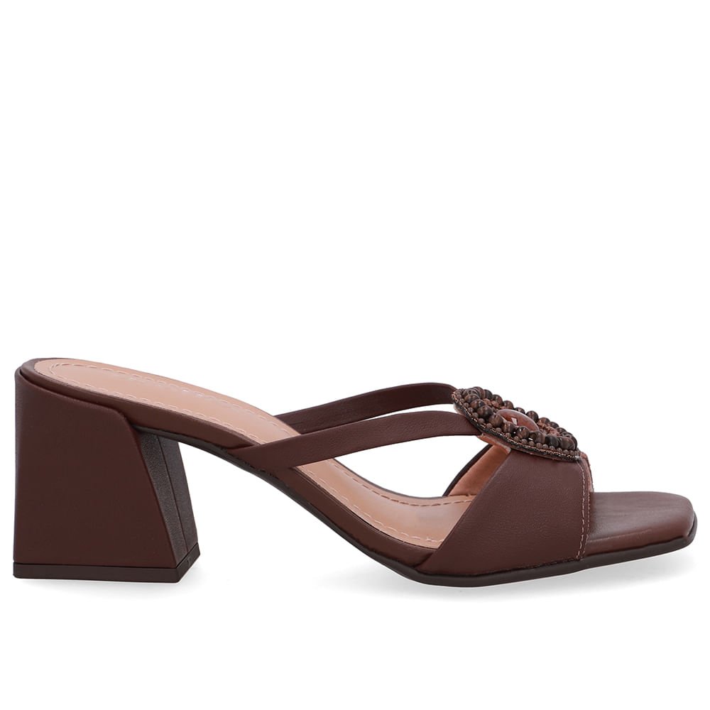 Tamanco Salto Bloco Couro Marrom Tira Vazada