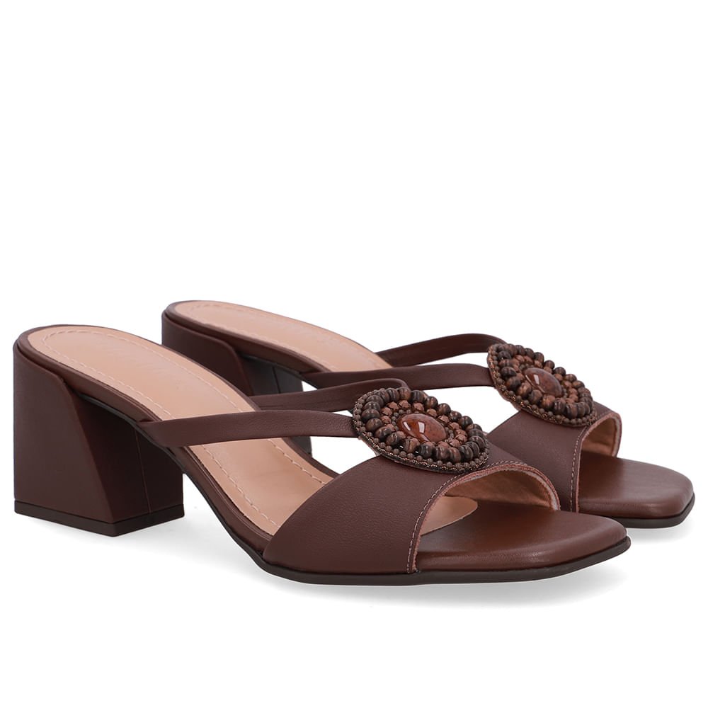 Tamanco Salto Bloco Couro Marrom Tira Vazada Marrom 2