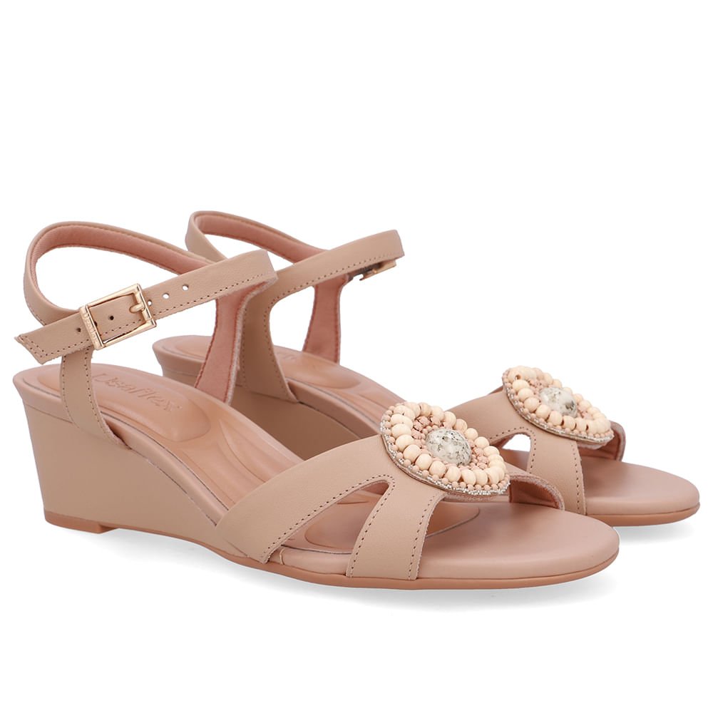 Sandália Anabela Couro Bege Enfeite Bege 2