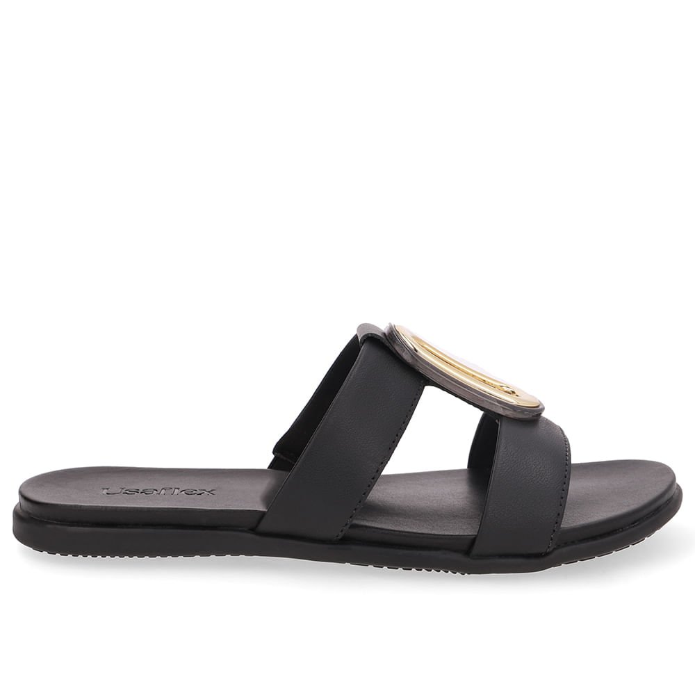 Slide Bico Redondo Couro Preto Enfeite