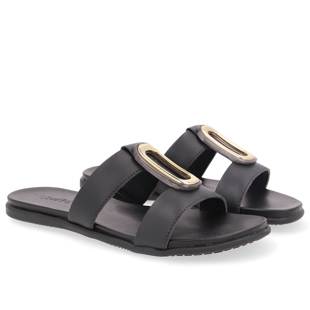 Slide Bico Redondo Couro Preto Enfeite Preto 2