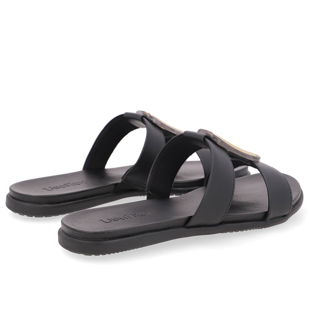 Slide Bico Redondo Couro Preto Enfeite Preto 3