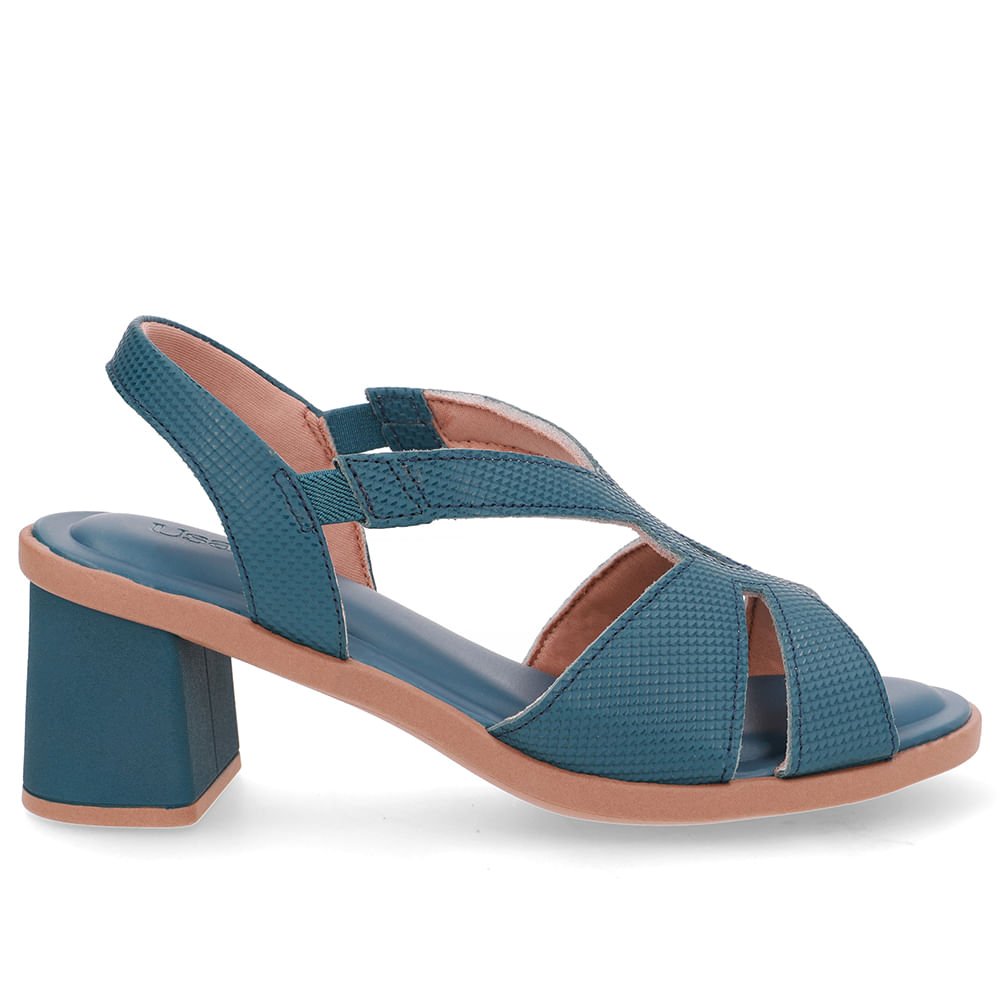 Sandália Salto Bloco Couro Azul Bico Redondo