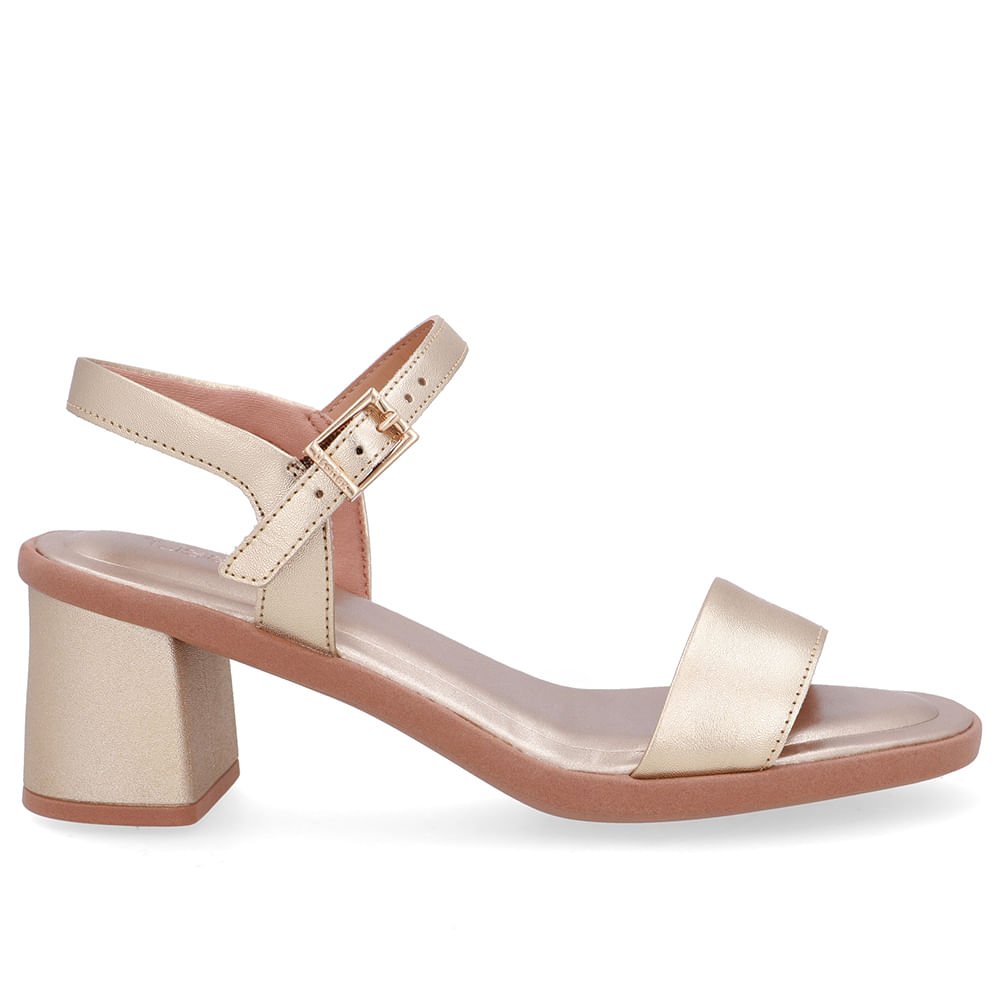 Sandália Salto Bloco Couro Dourada