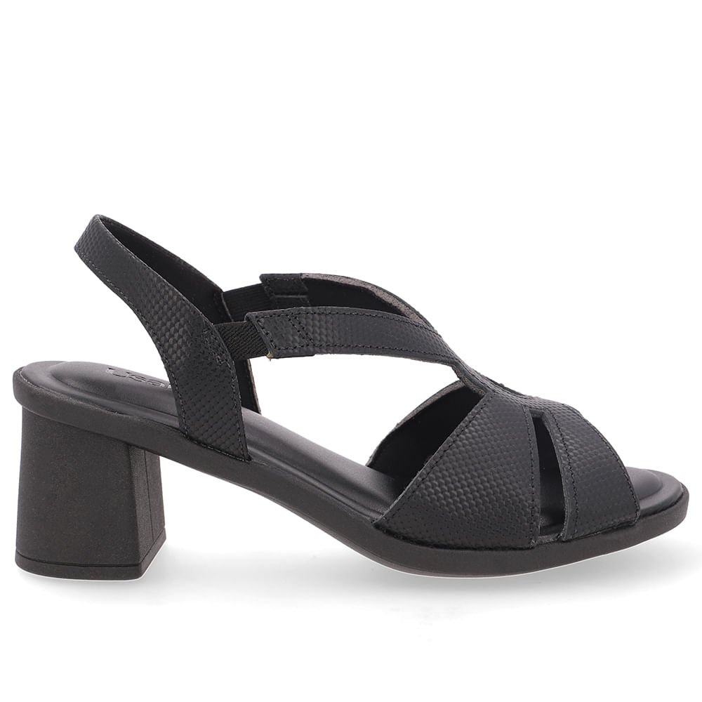 Sandália Salto Bloco Couro Preta Bico Redondo