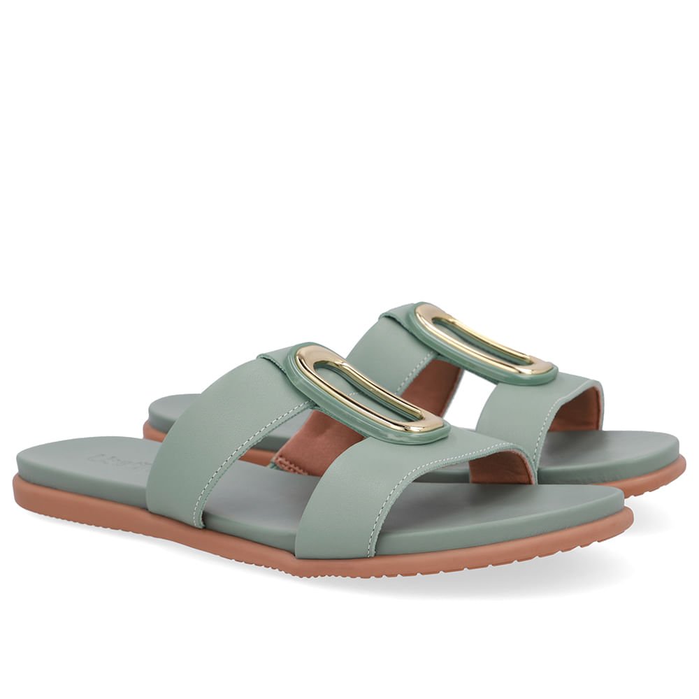 Slide Bico Redondo Couro Verde Enfeite Verde 2