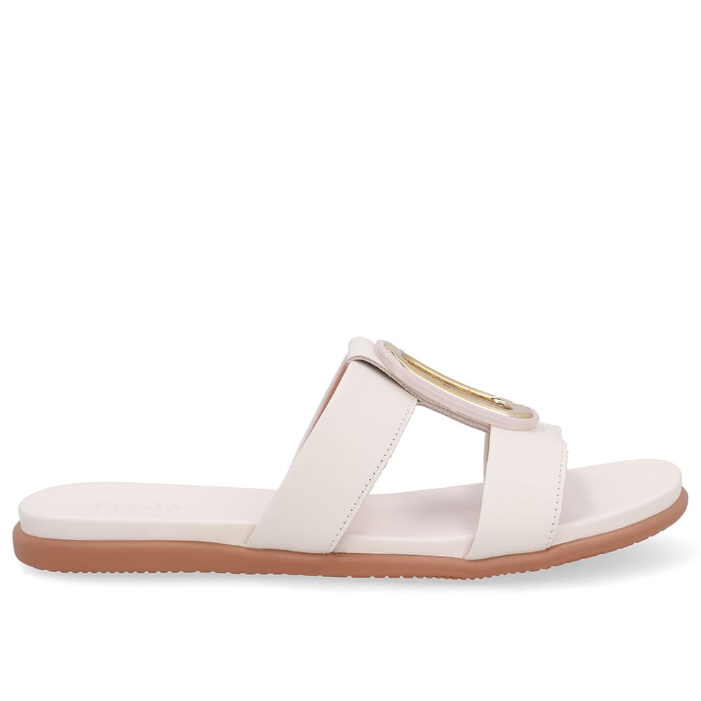 Slide Bico Redondo Couro Branco Marfim Enfeite