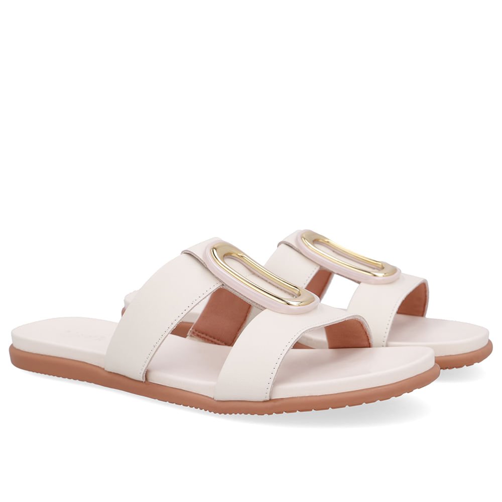 Slide Bico Redondo Couro Branco Marfim Enfeite Branco 2