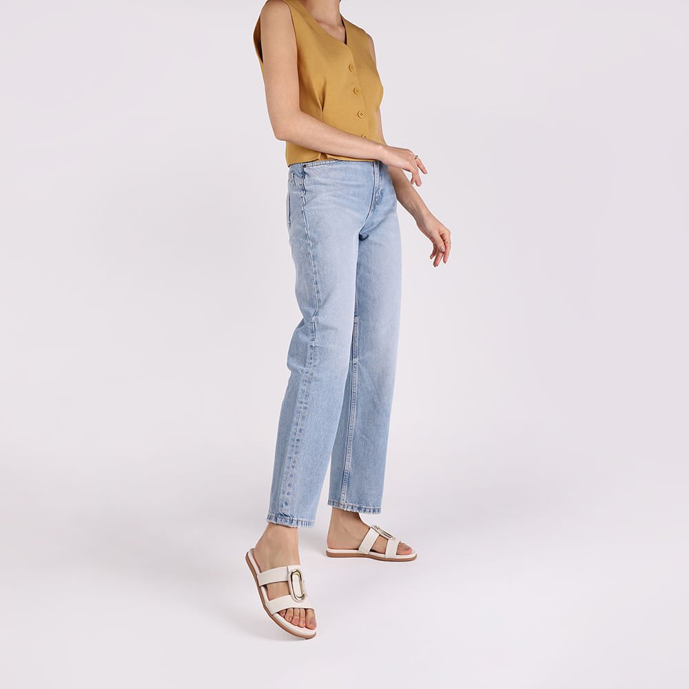 Slide Bico Redondo Couro Branco Marfim Enfeite Branco 4