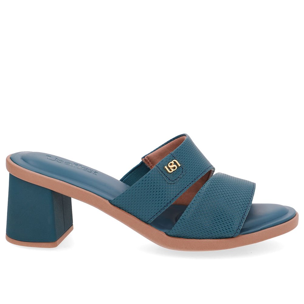 Tamanco Salto Bloco Couro Azul Duas Tiras