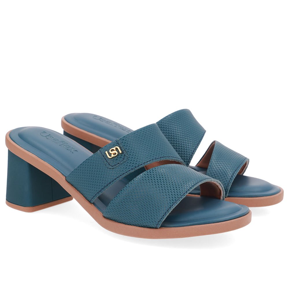 Tamanco Salto Bloco Couro Azul Duas Tiras Azul 2