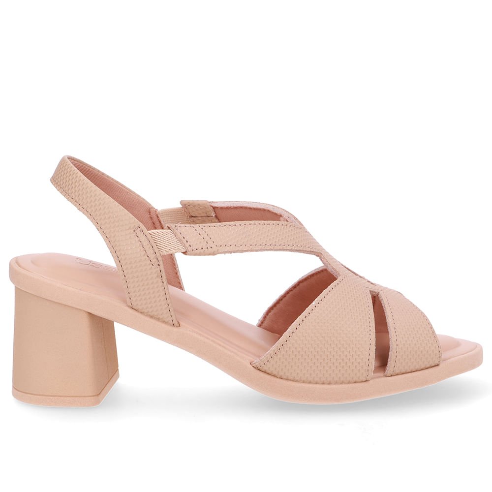 Sandália Salto Bloco Couro Bege Bico Redondo