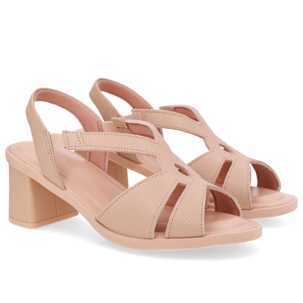 Sandália Salto Bloco Couro Bege Bico Redondo Bege 2