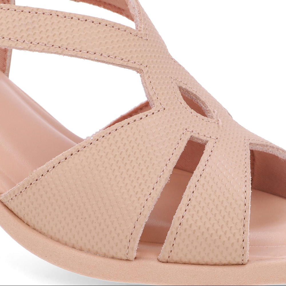 Sandália Salto Bloco Couro Bege Bico Redondo Bege 4