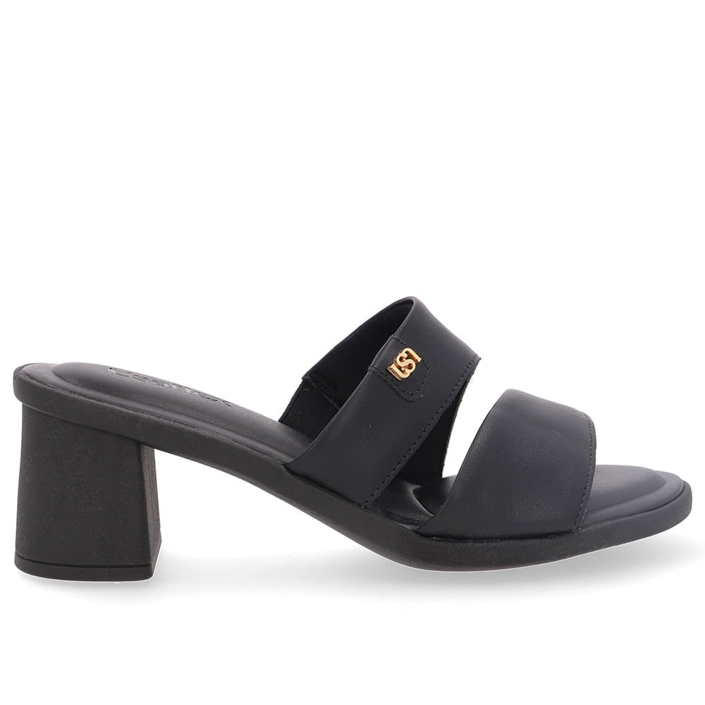 Tamanco Salto Bloco Couro Preto Duas Tiras